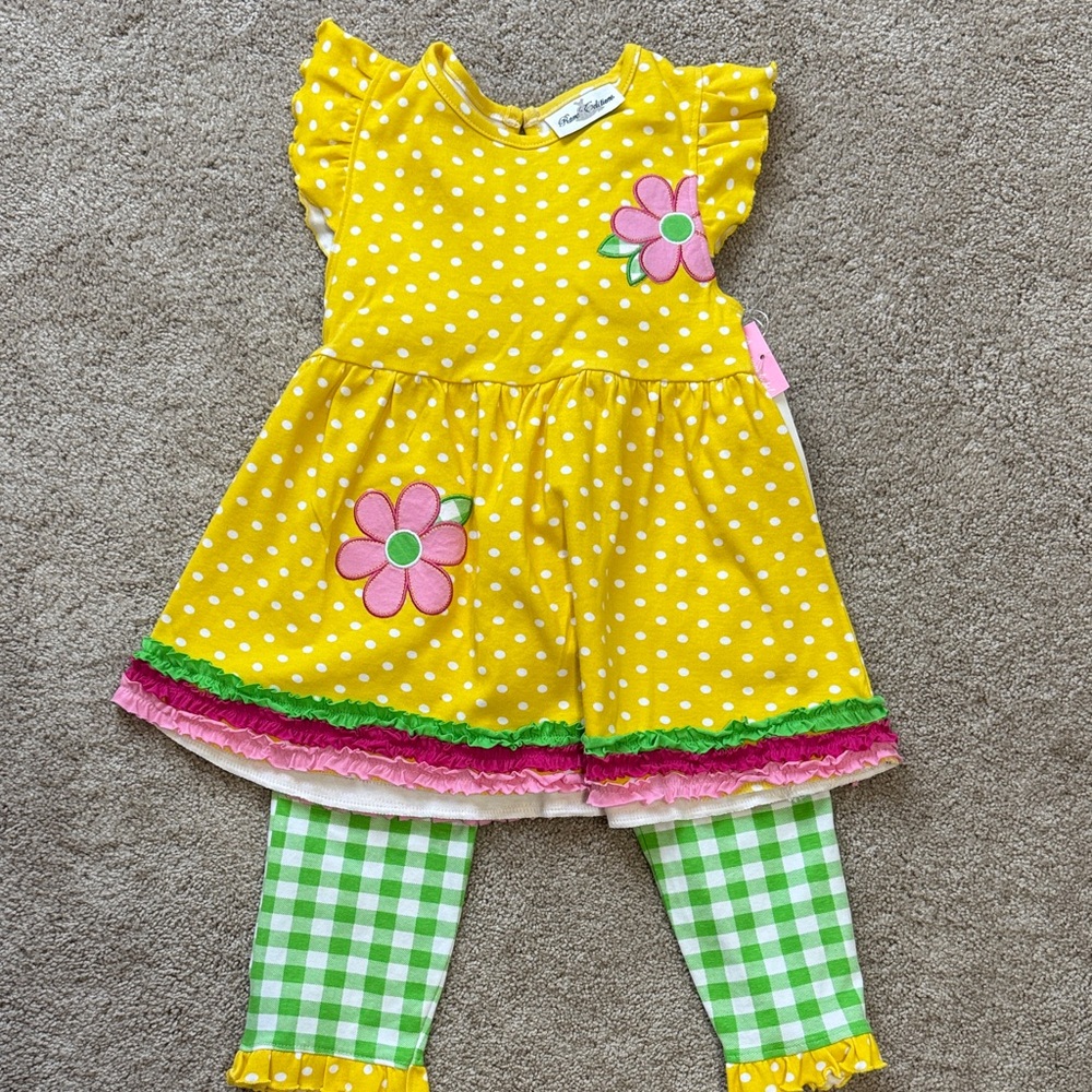 Rare Editions Yellow Polka Dot Dress with Pink Floral Accents